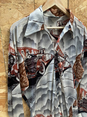 Vintage 70s brown abstract pattern long sleeve polyester shirt size large