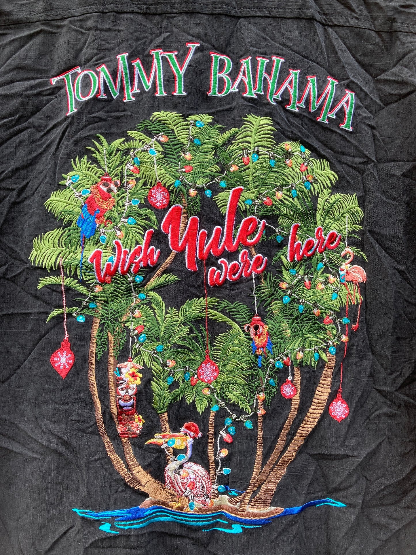 Vintage 90s Tommy Bahama 100% silk charcoal black wiith stunning embroidery Hawaiian beach shirt siz