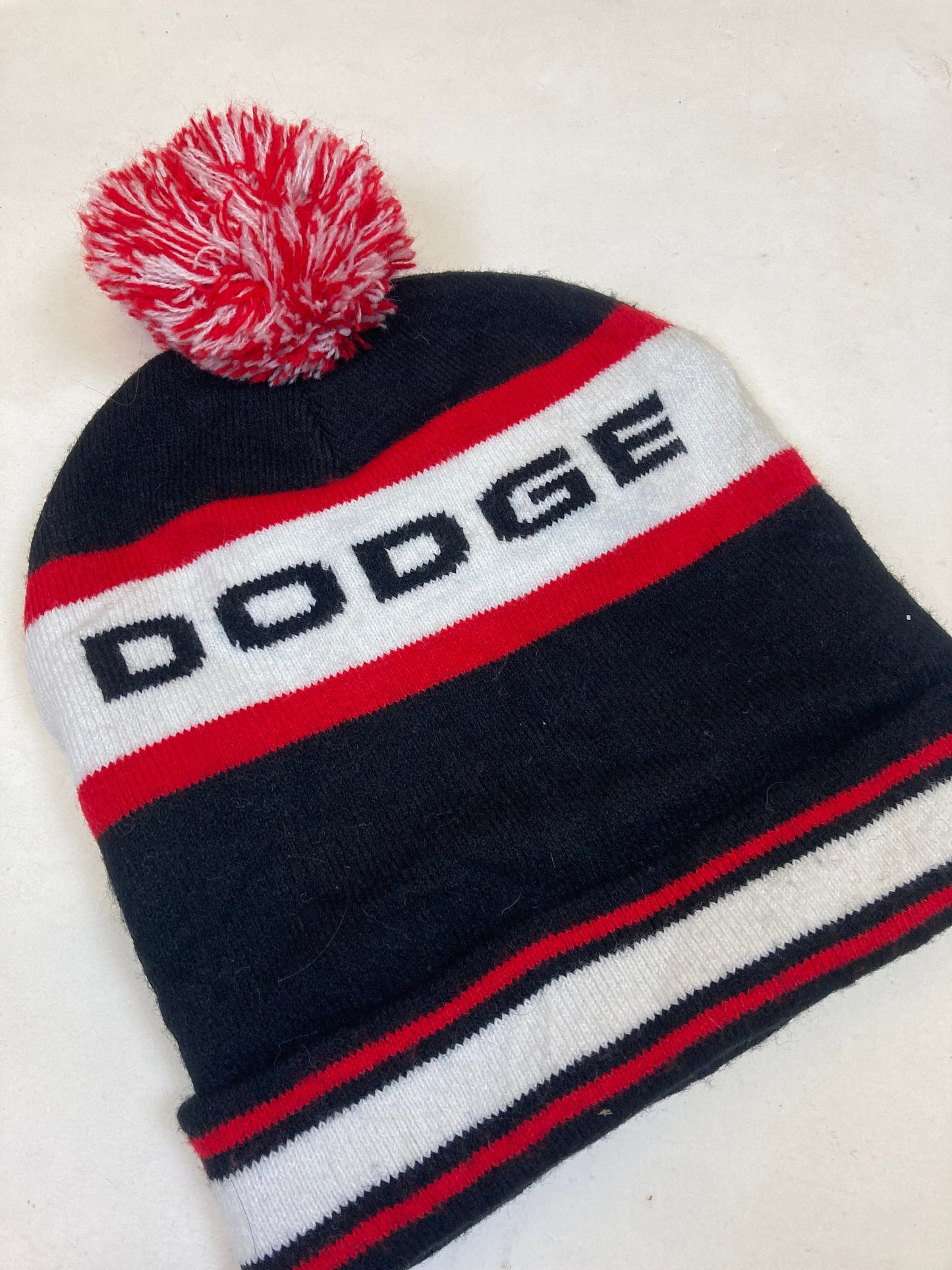 Vintage Y2K nascar style Dodge spell out winter ice hockey red black white beanie bobble hat