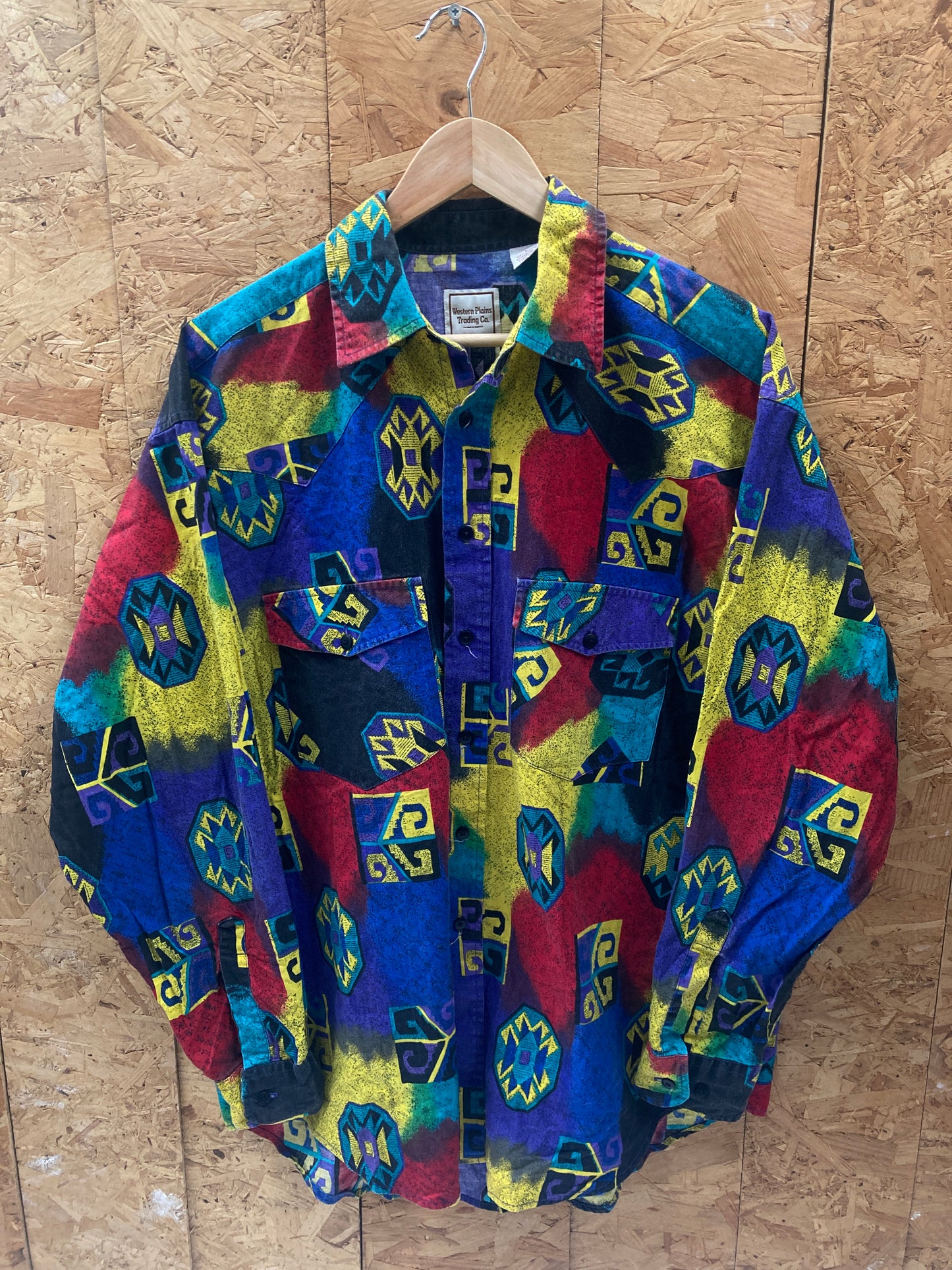 Vintage 90s blue red yellow abstract pattern western cowboy crazy shirt size L