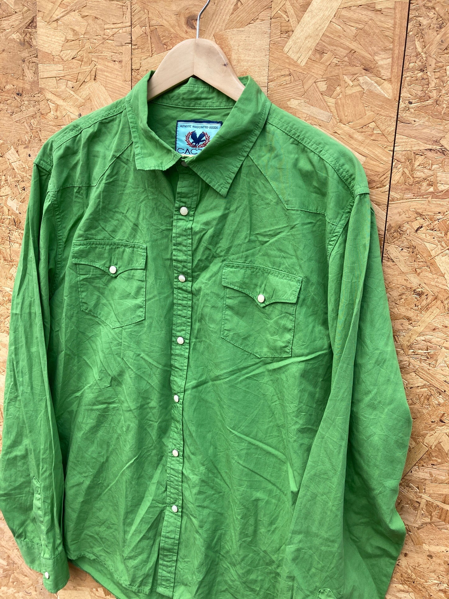 Vintage 90s cactus green cotton cowboy snap button twin pocket long sleeve western shirt size XL