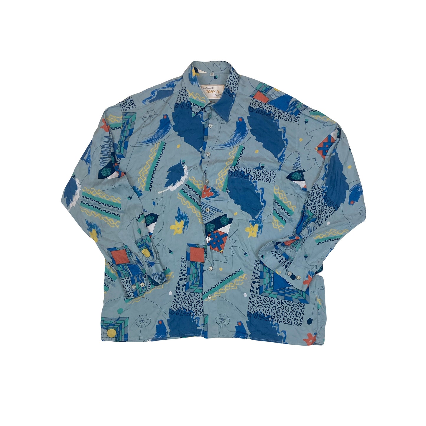 Vintage 90s pastel blue nautical themed crazy abstract pattern rayon long sleeve ugly party shirt si