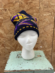 Vintage Geometric Knit Beanie Ski Winter sports Hat Navy Purple Yellow