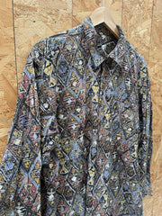 Vintage 90s grey brown yellow abstract Aztec pattern long sleeve viscose shirt size large by Tela Mo