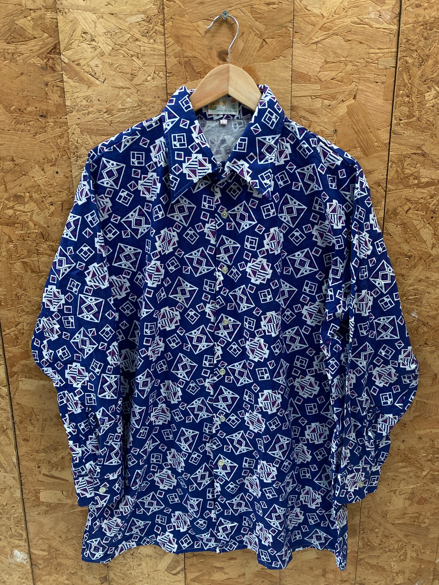 Vintage 70s blue white abstract pattern long sleeve shirt size XXL by Lotus