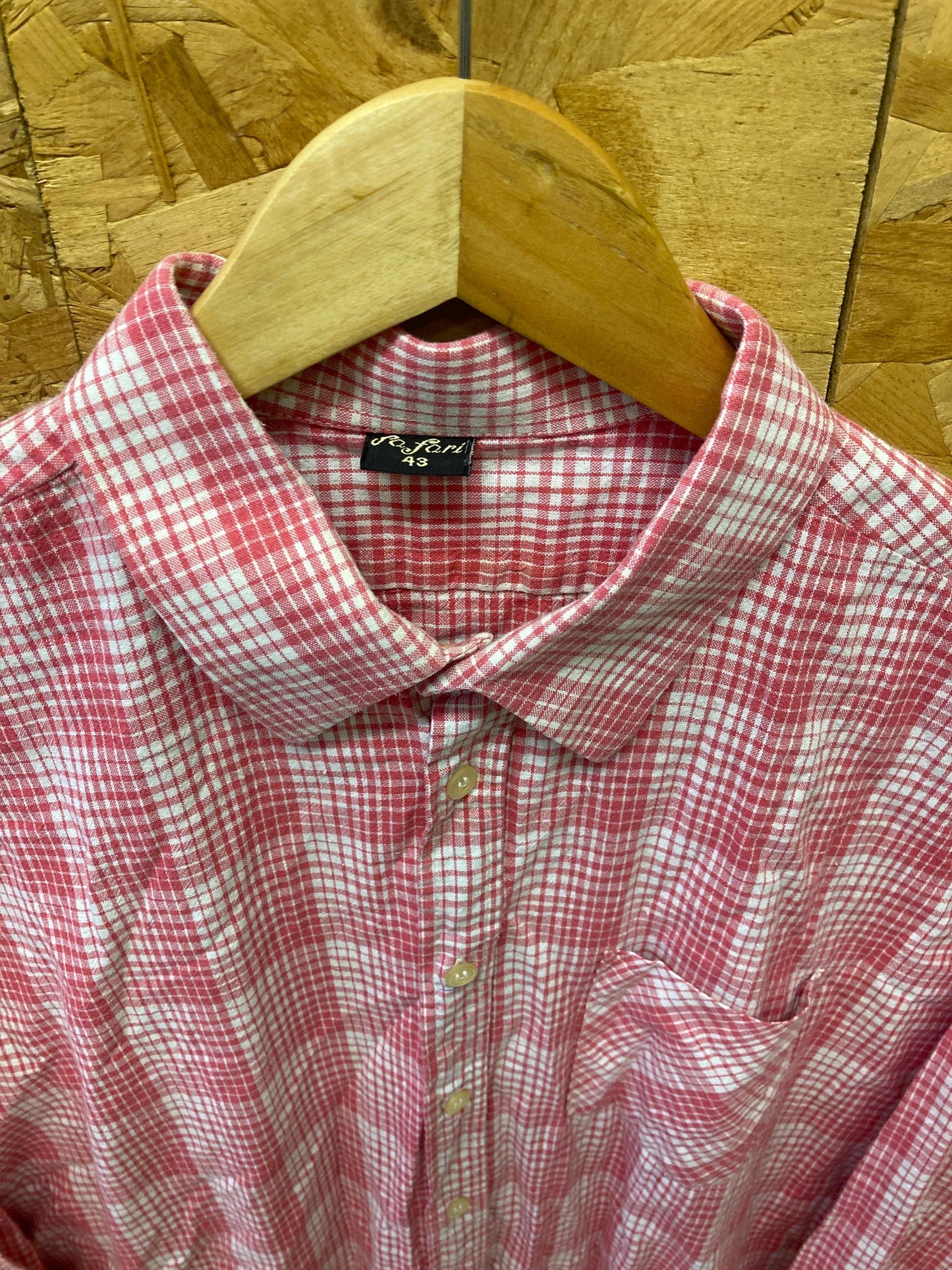 Vintage 80s red white pink gingham tablecloth check long sleeve Mod skinhead retro punk shirt size X