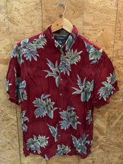 Vintage Y2K rayon burgundy grey floral pattern Hawaiian shirt size medium