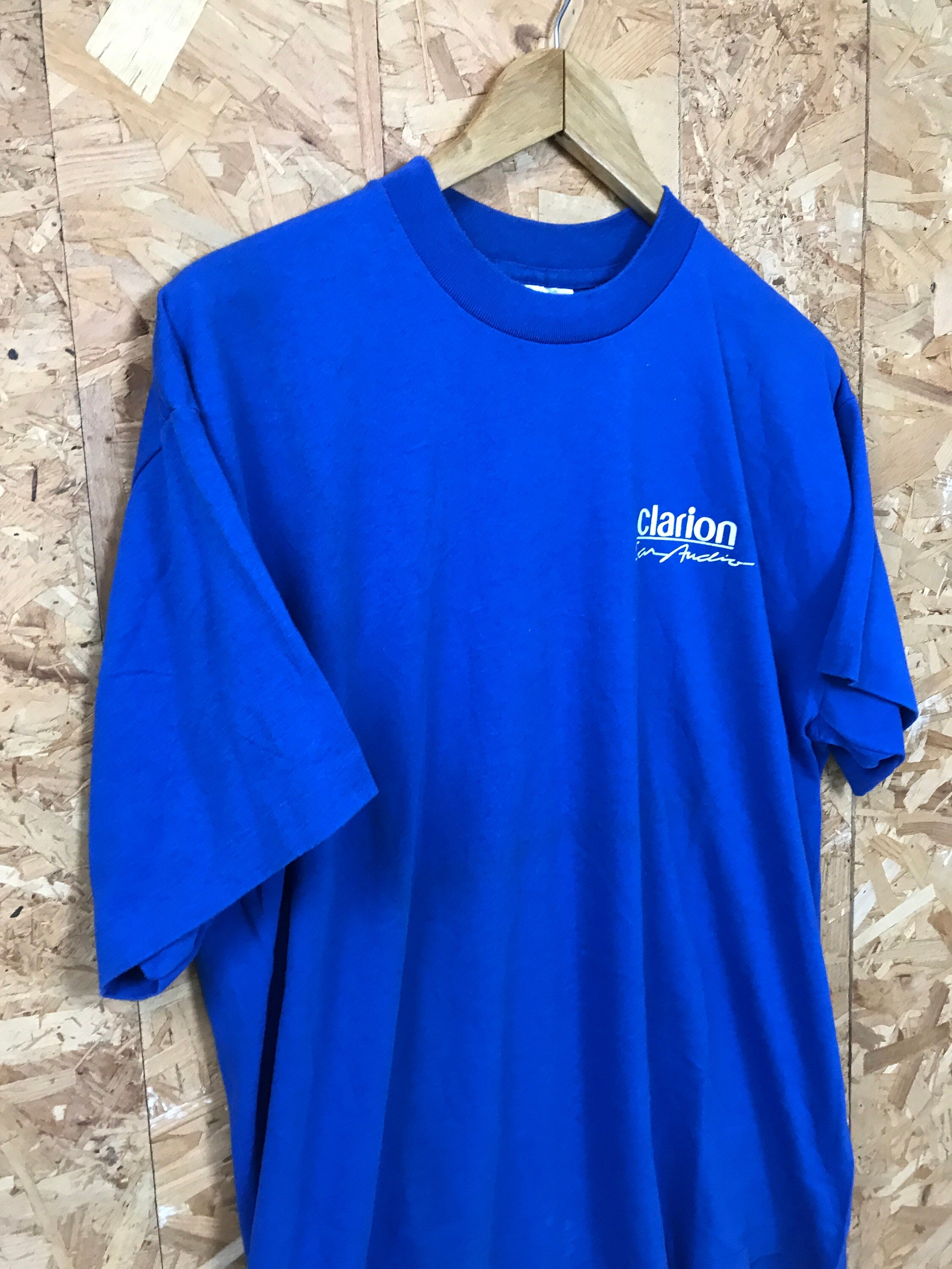 Vintage 90s Clarion Car Audio USA souvenir workers promotional blue quirky t-shirt size XL