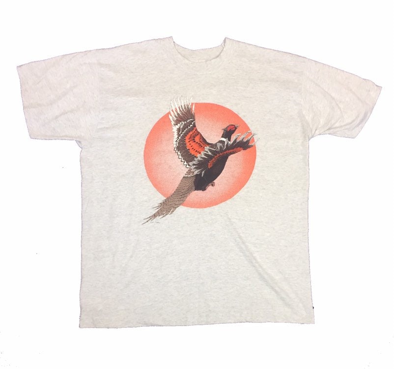 Vintage USA 90s turkey vulture flying bird animal print grey marl t-shirt size large