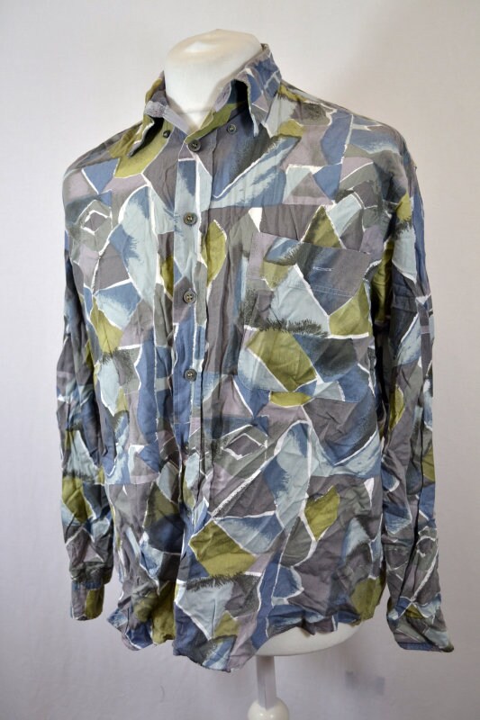 Vintage 90s Abstract green grey blue mosaic Pattern Eccentric party shirt size medium