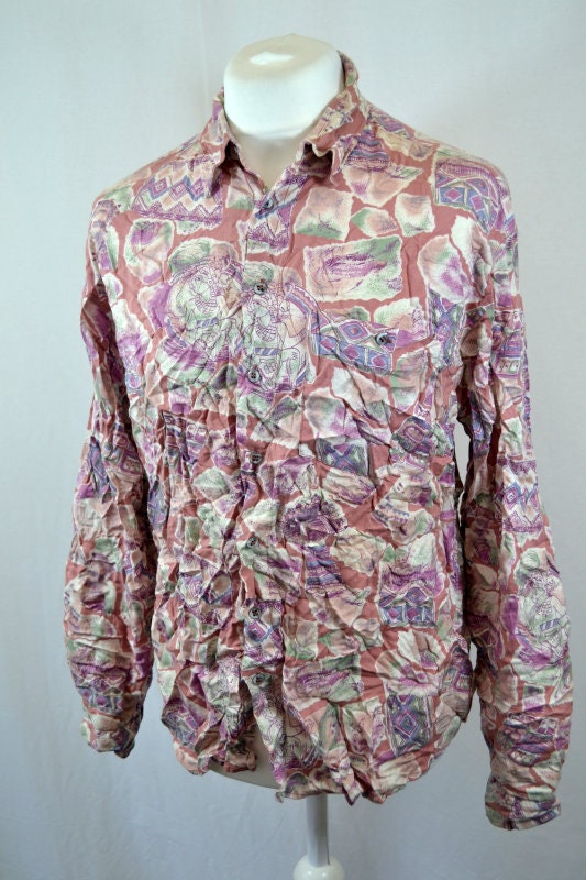 Vintage 90s Pastel pink green abstract Watercolour Print long sleeve rayon party eccentric shirt size XL