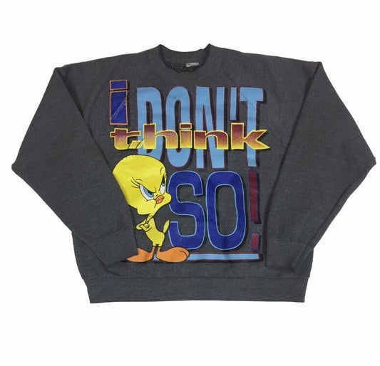 Vintage Looney tunes tweety pie I don’t think so grey crew neck sweater size small