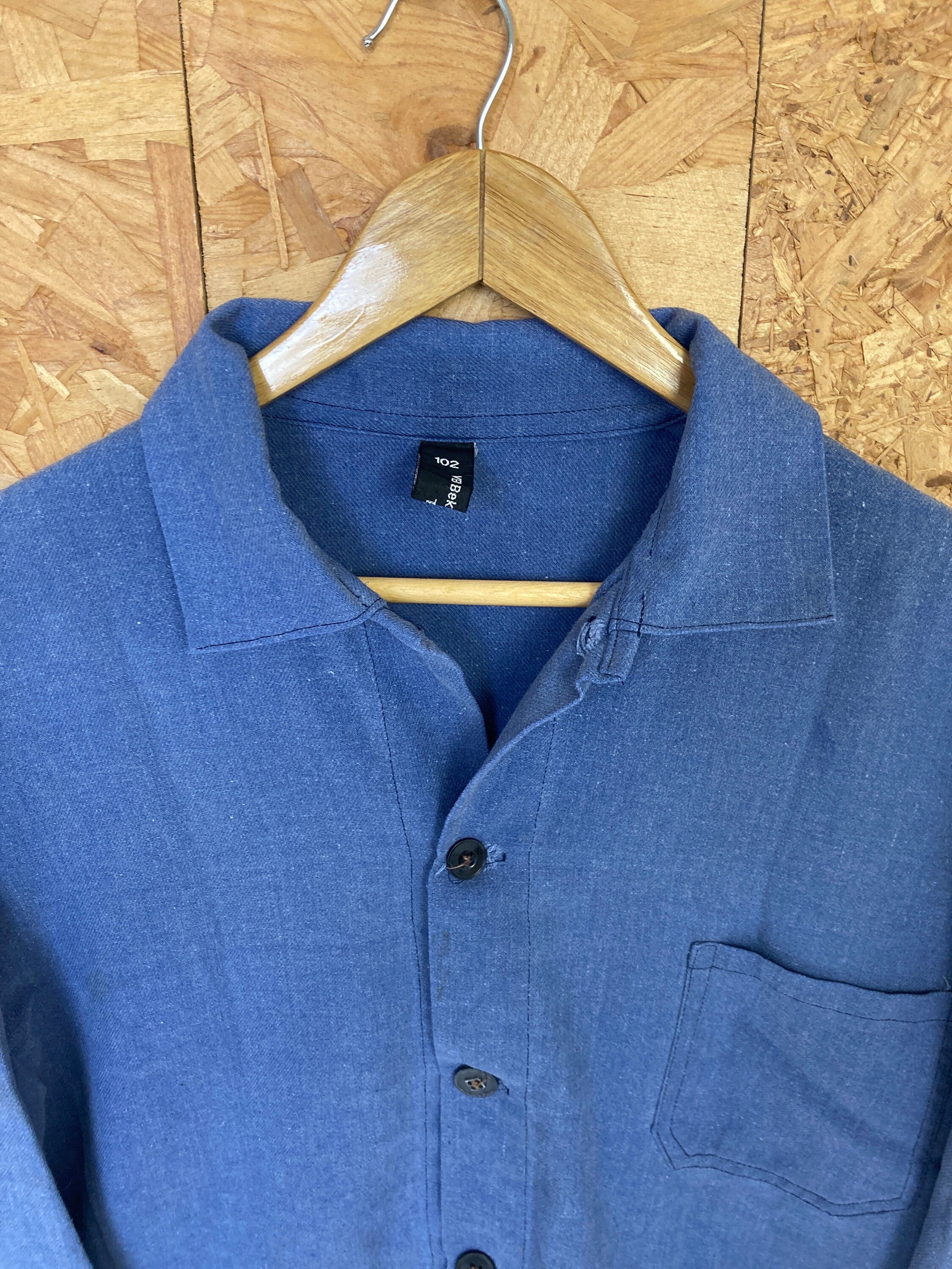 Vintage 80s faded cornflower blue brushed cotton button up chore workers jacket size medium