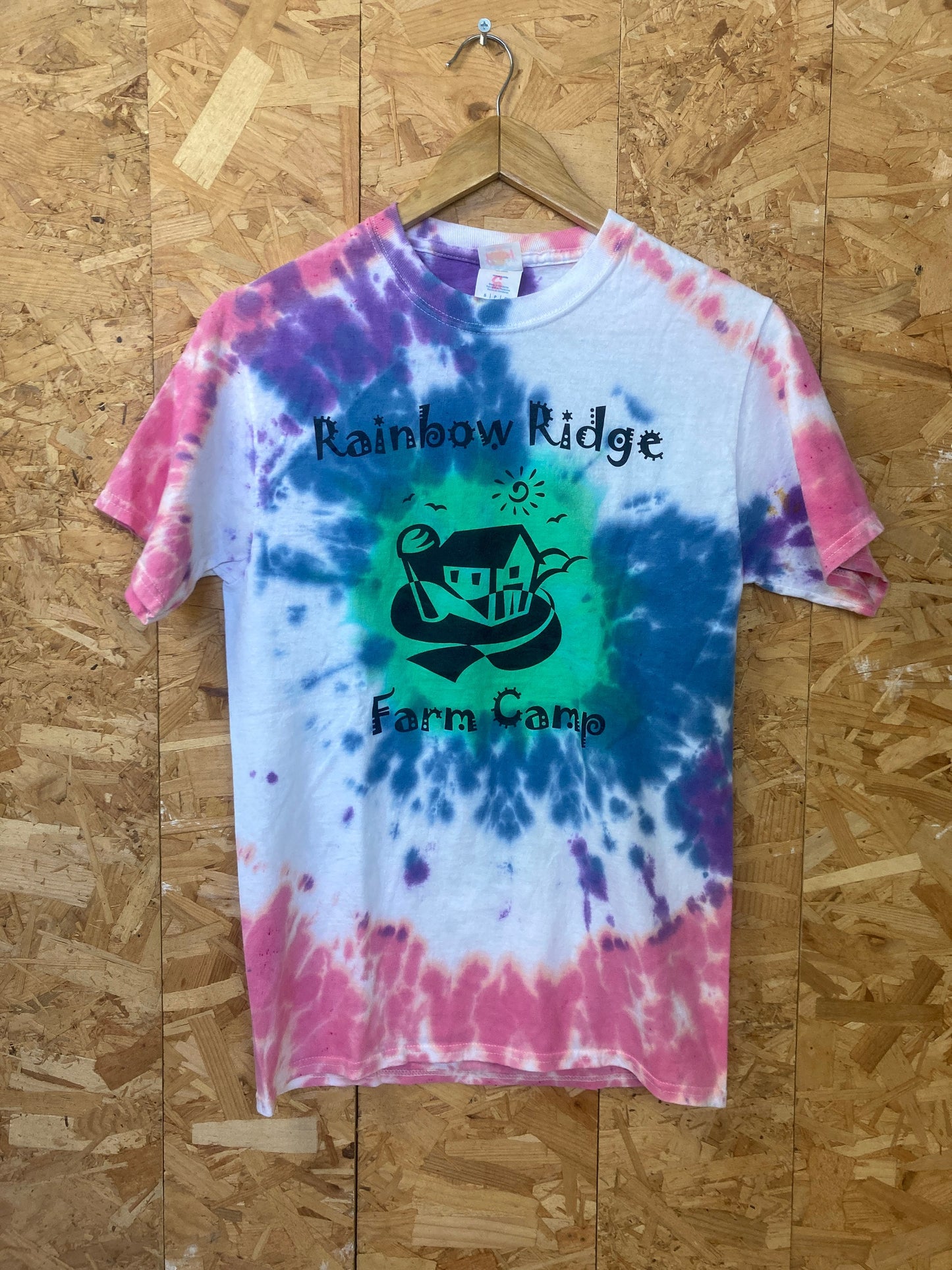 Vintage 90s Rainbow Ridge Farm Camp USA bootcamp pink blue green tie dye souvenir festival t-shirt s