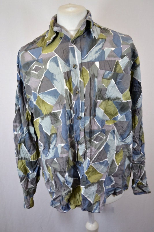 Vintage 90s Abstract green grey blue mosaic Pattern Eccentric party shirt size medium