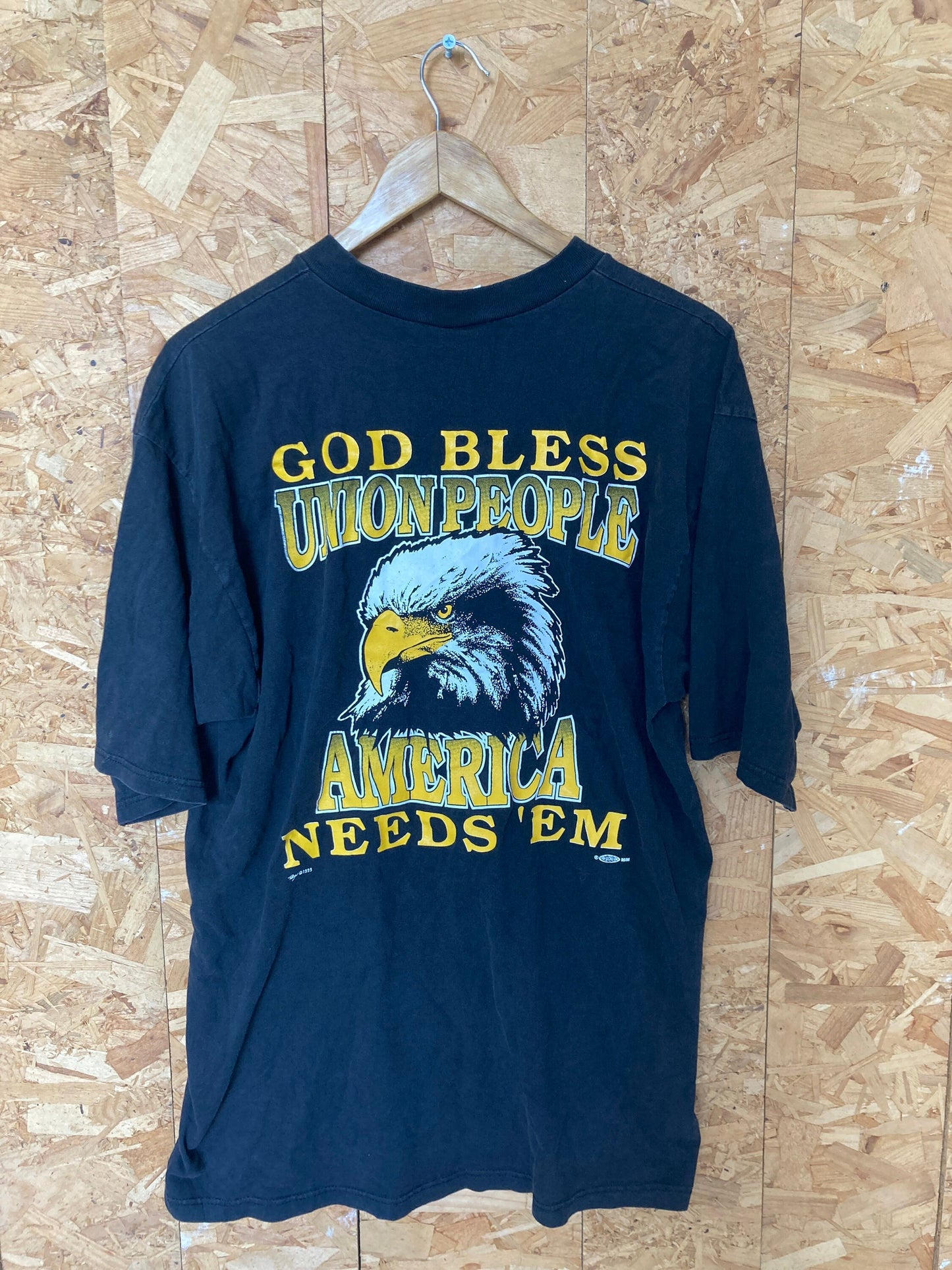 Vintage 90s USA Union leader Local 3 American Eagle print black & yellow t shirt size XL