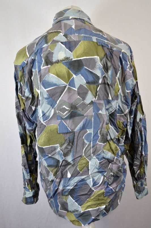 Vintage 90s Abstract green grey blue mosaic Pattern Eccentric party shirt size medium