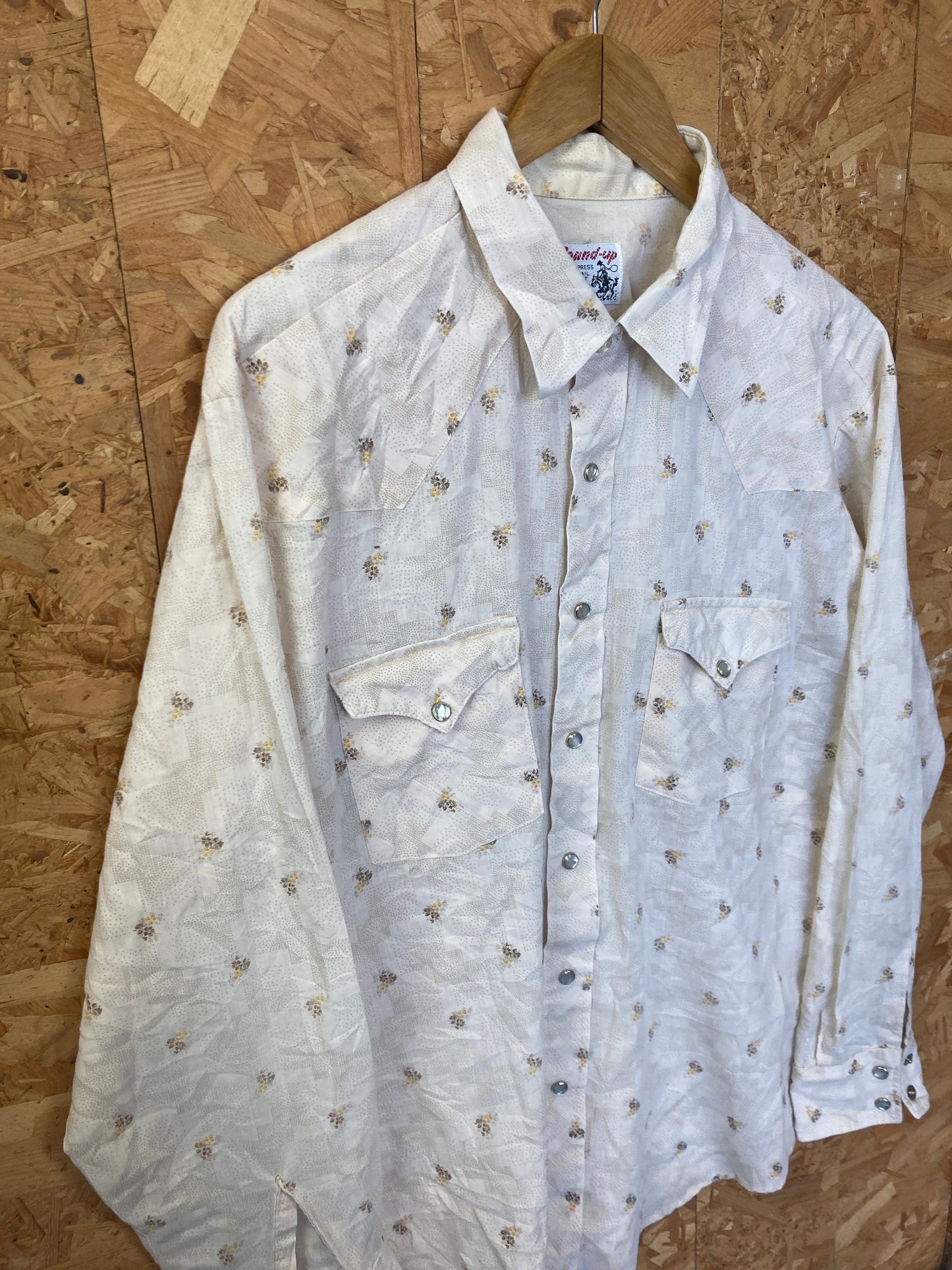 Vintage 80s beige muted pattern western cowboy pearl snap button shirt size large