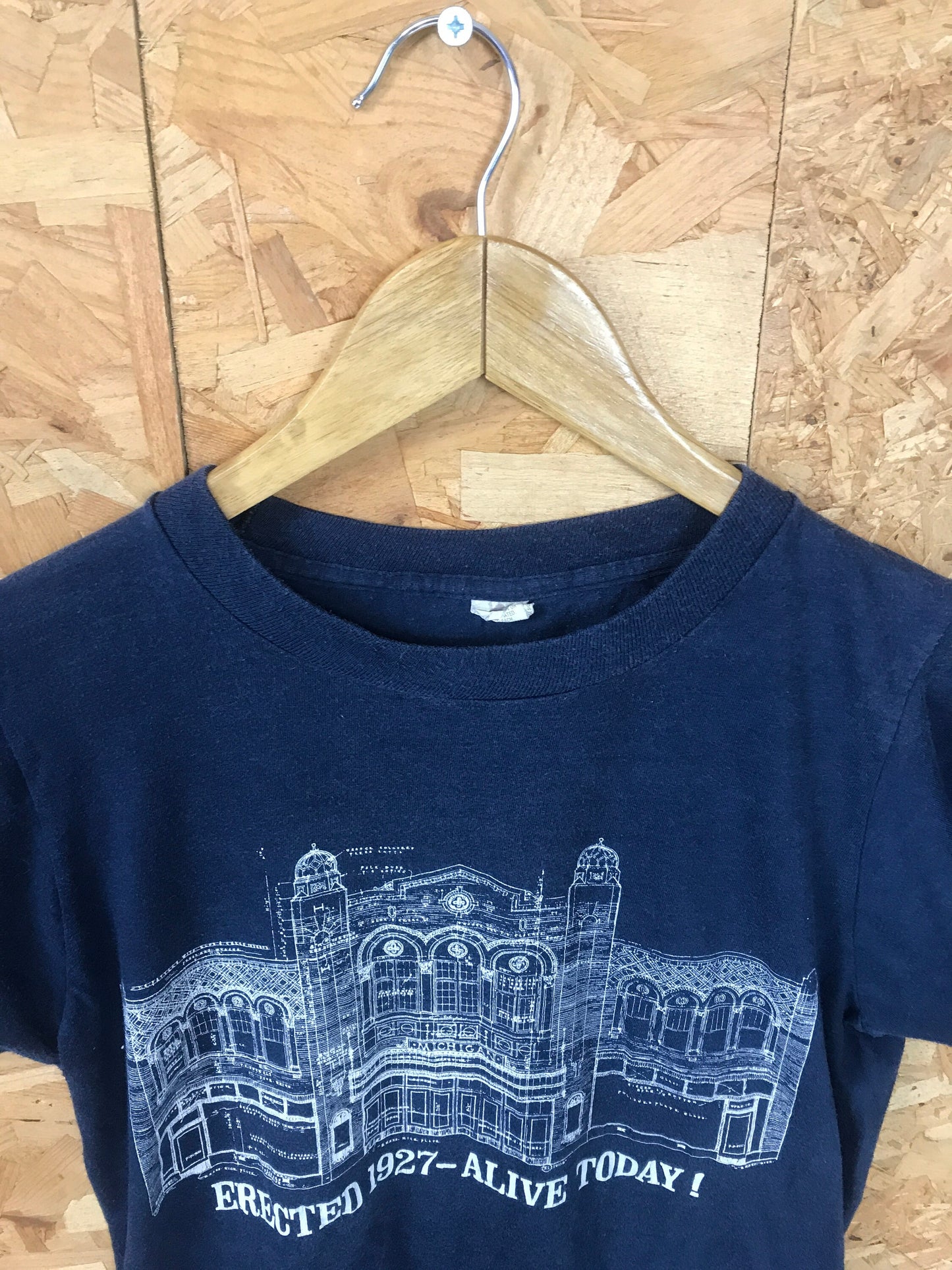 Vintage 80s Quirky Erected in 1927 Michigan Ann Arbor Theatre Building design souvenir USA blue t-shirt size small