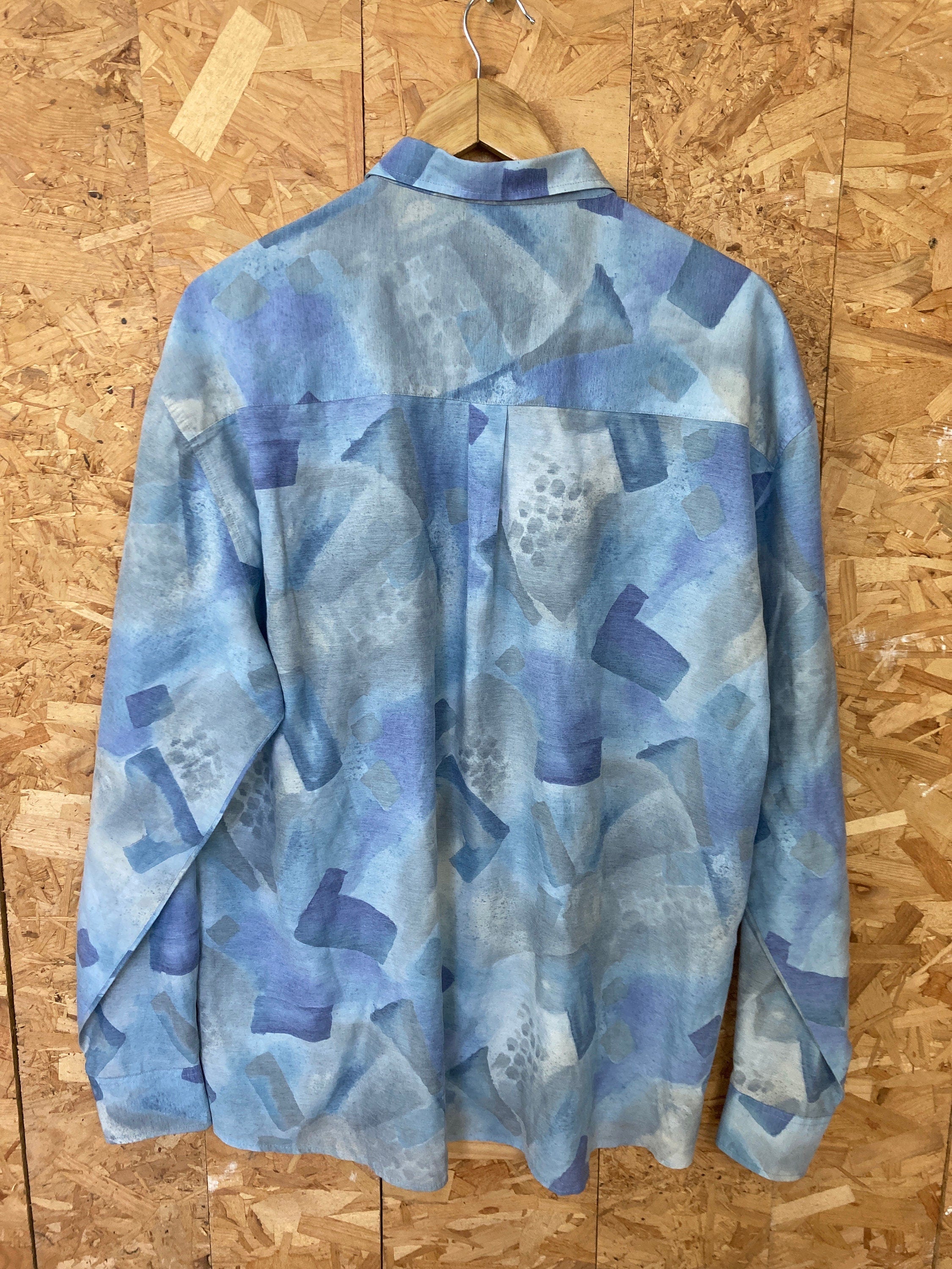 Vintage 90s Pastel yellow blue abstract Watercolour print long sleeve viscose party eccentric shirt size XL