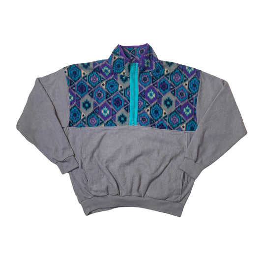 Vintage 80s quarter zip purple grey aztec Nordic ski crazy pattern fleece size large