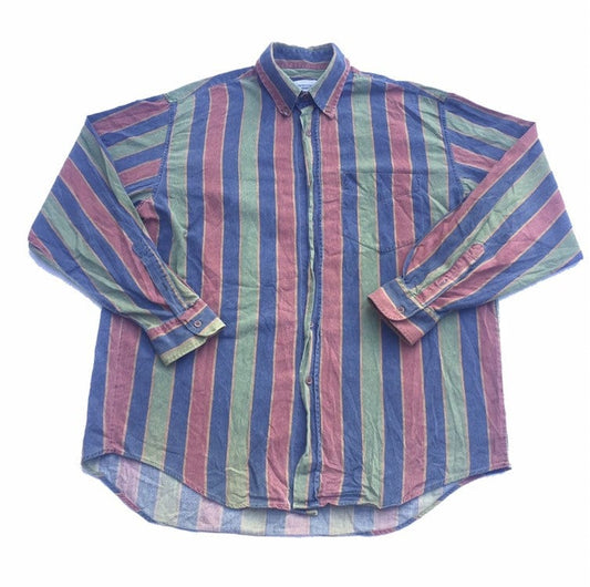 Vintage 90s United Colours of Benetton green blue red corduroy striped long sleeve shirt size large