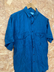 Vintage 90s mens muted dark jade navy blue twin pocket silk short sleeve shirt size small oversized