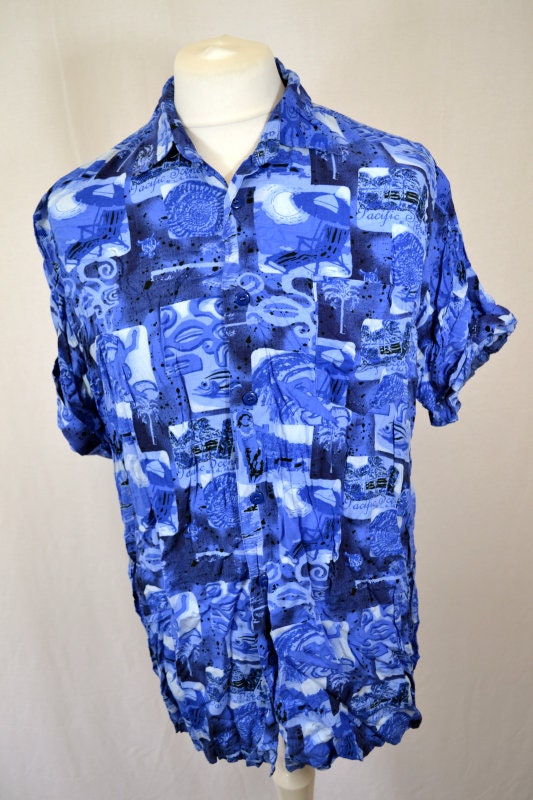 Vintage 90s blue abstract pattern hawaiian style party beach festivals shirt size XL