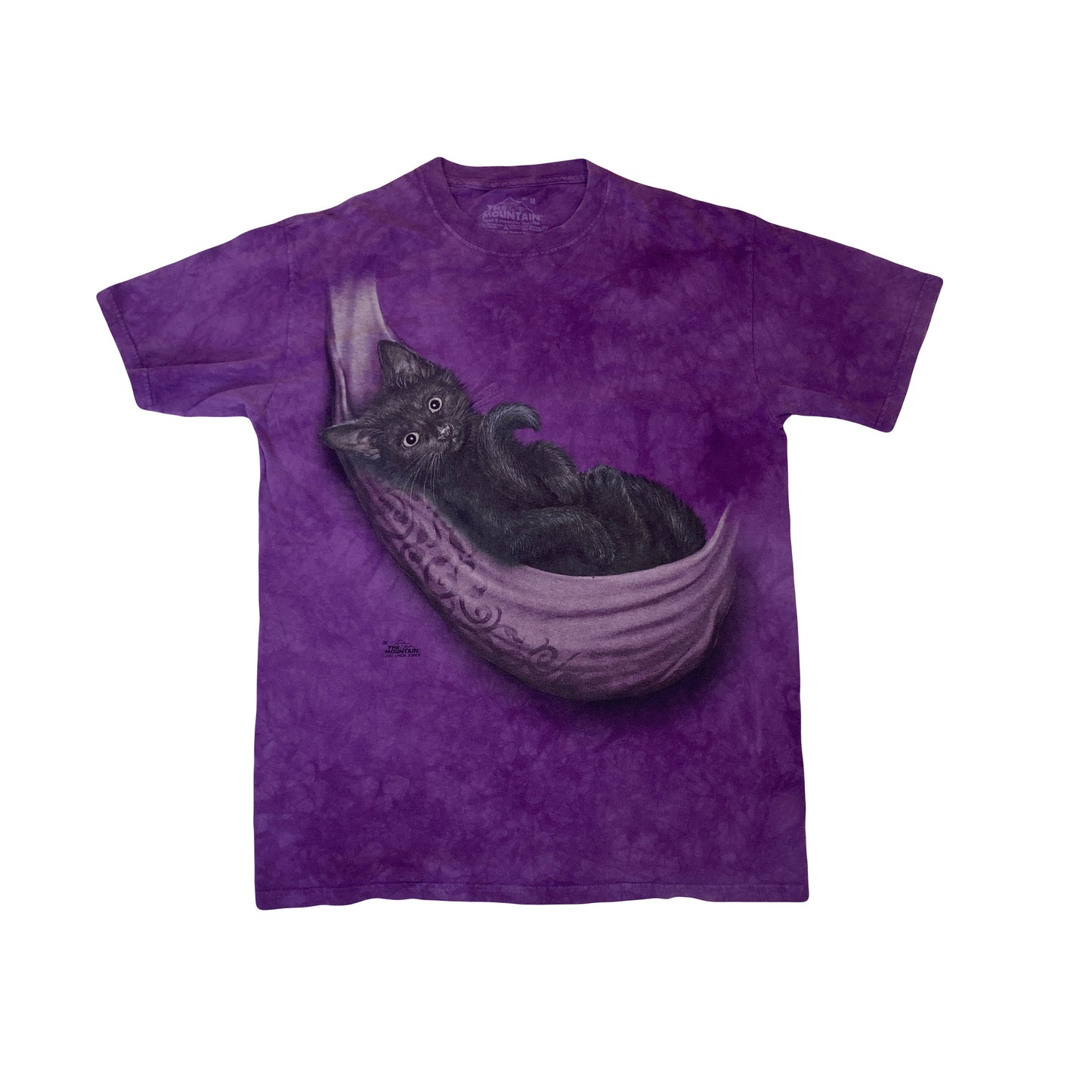 Vintage The Mountain animal printed tie dye purple kitten cat in hammock nature t shirt size medium