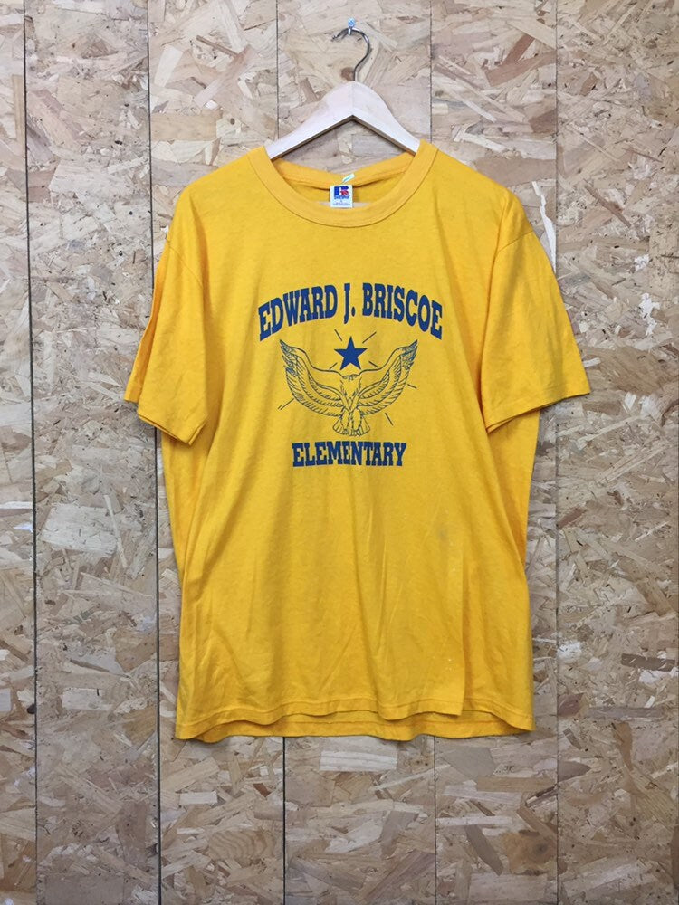 Vintage USA Edward J.Briscoe Elementary school quirky USA yellow t-shirt size large by Russell Athle