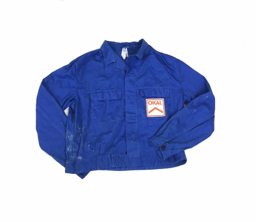 Vintage 80s mid blue workers chore herringbone cotton distressed and paint stained button jacket siz