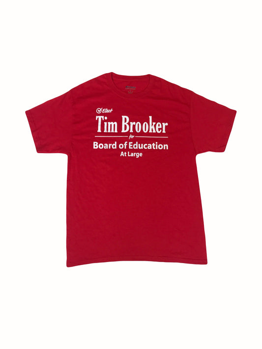 Vintage Y2K Elect Tim Brooker board of education funny souvenir quirky red USA t-shirt size large by Champion