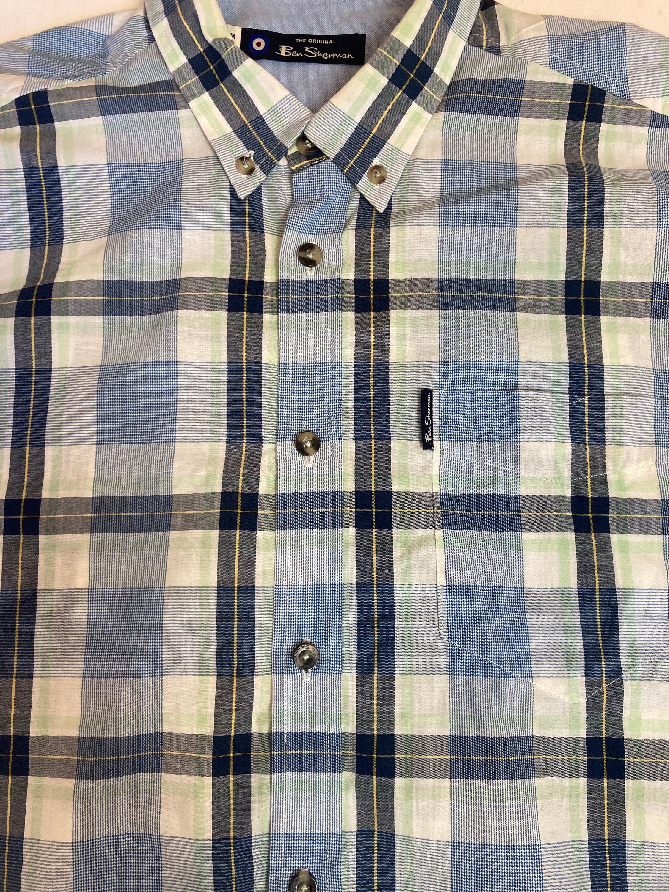 Vintage Ben Sherman light blue green tablecloth fine check short sleeve Mod skinhead retro punk shirt size small