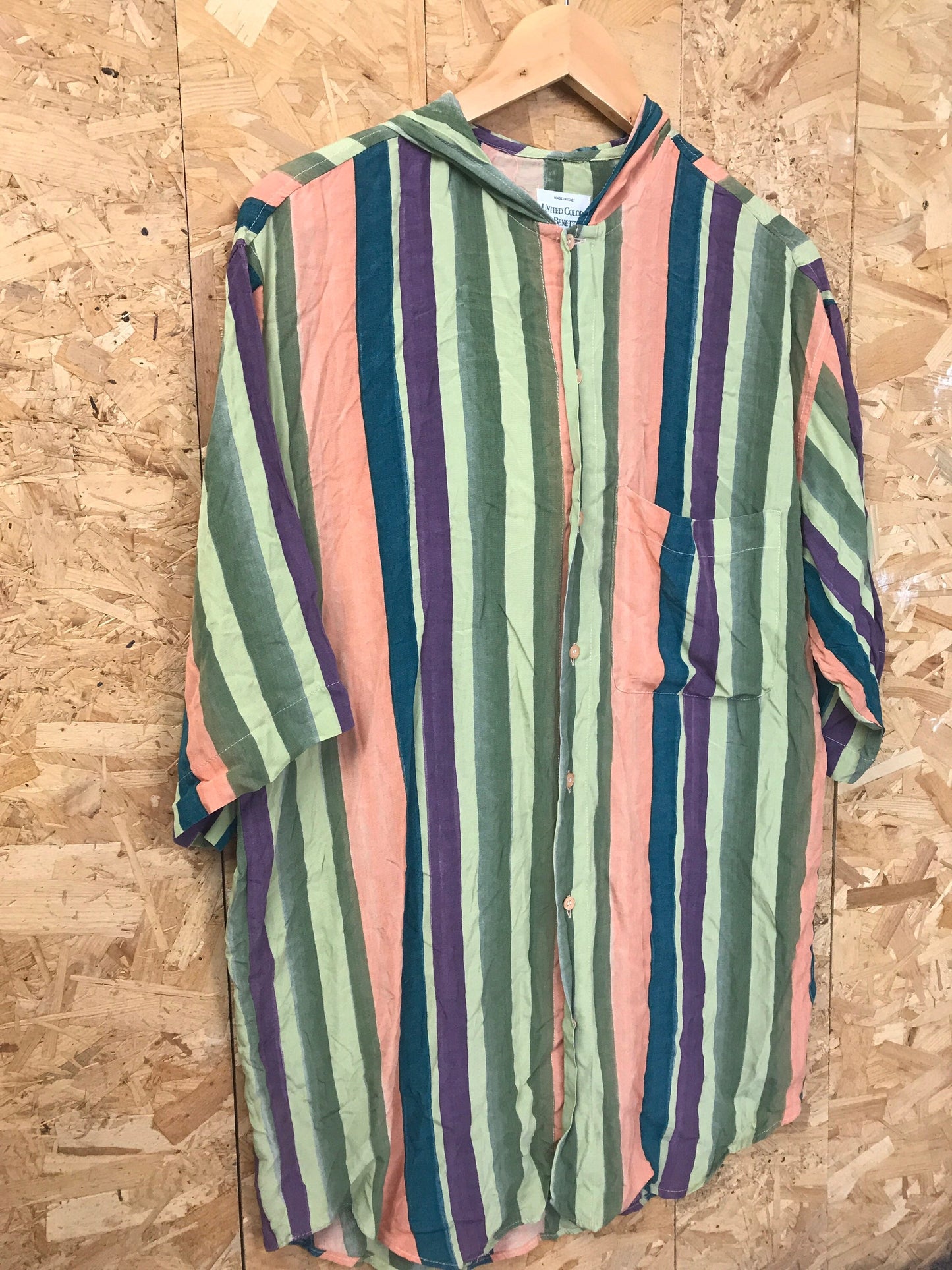 Vintage 90s United Colours of Benetton green orange purple striped short sleeve hooded rayon shirt size large