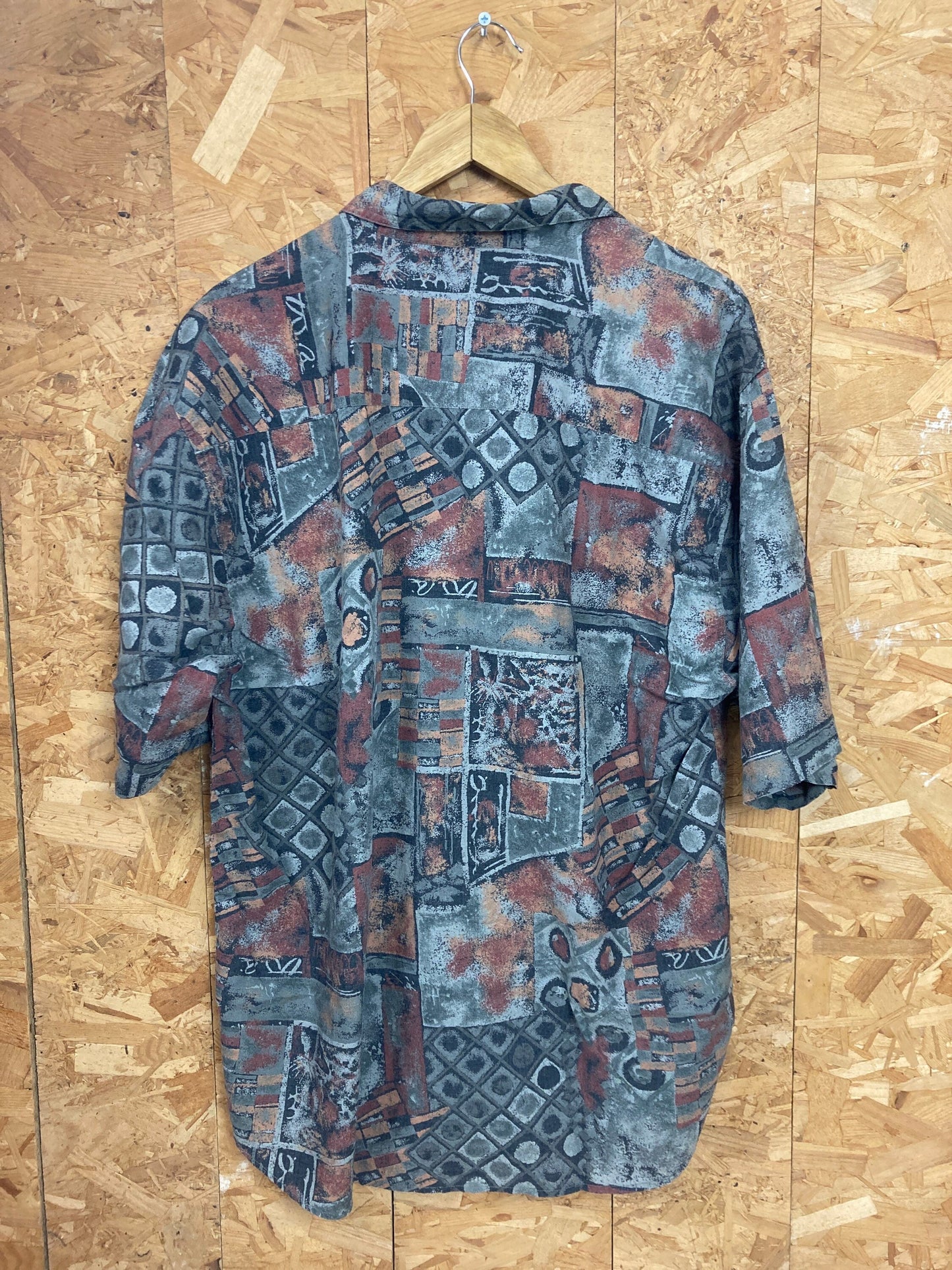 Vintage 90s brown grey grungy ugly pattern sketchbook print party summer mens short sleeve shirt siz