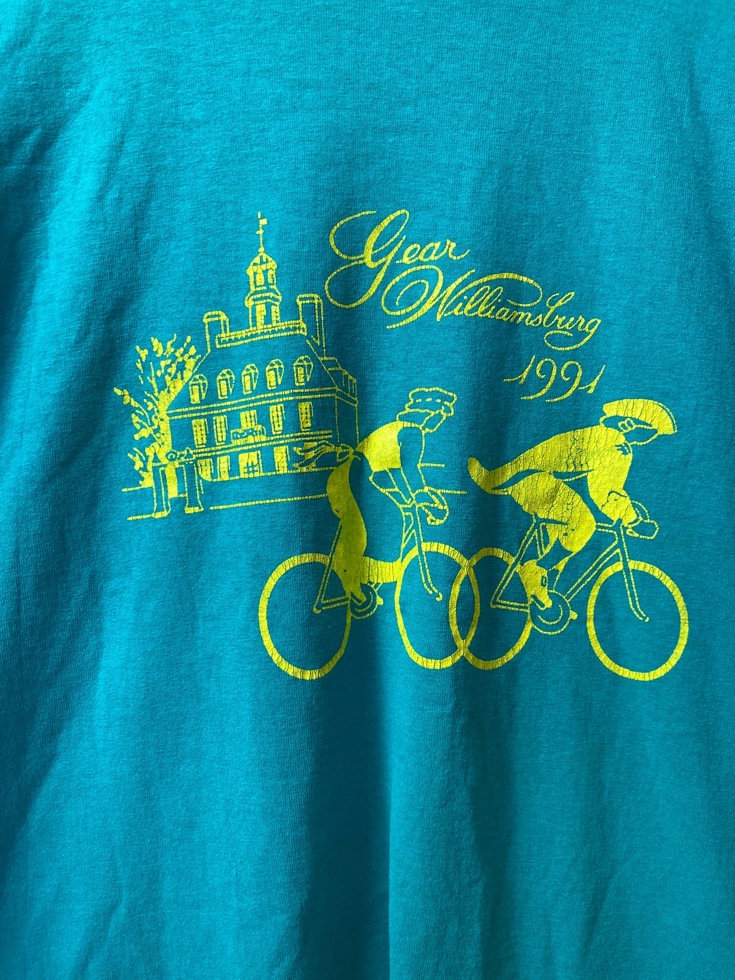 Vintage 90s turquoise Gear Williamsburg cycle festival souvenir t-shirt size XL