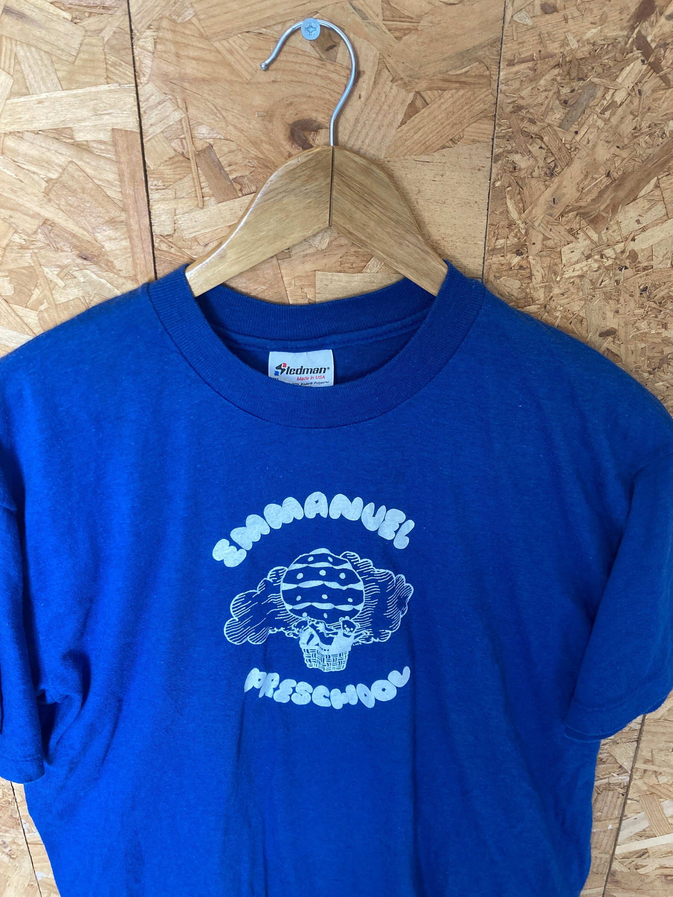 Vintage 80s Quirky preppy Emmanuel PreSchool souvenir USA hot air balloon blue t-shirt size XL