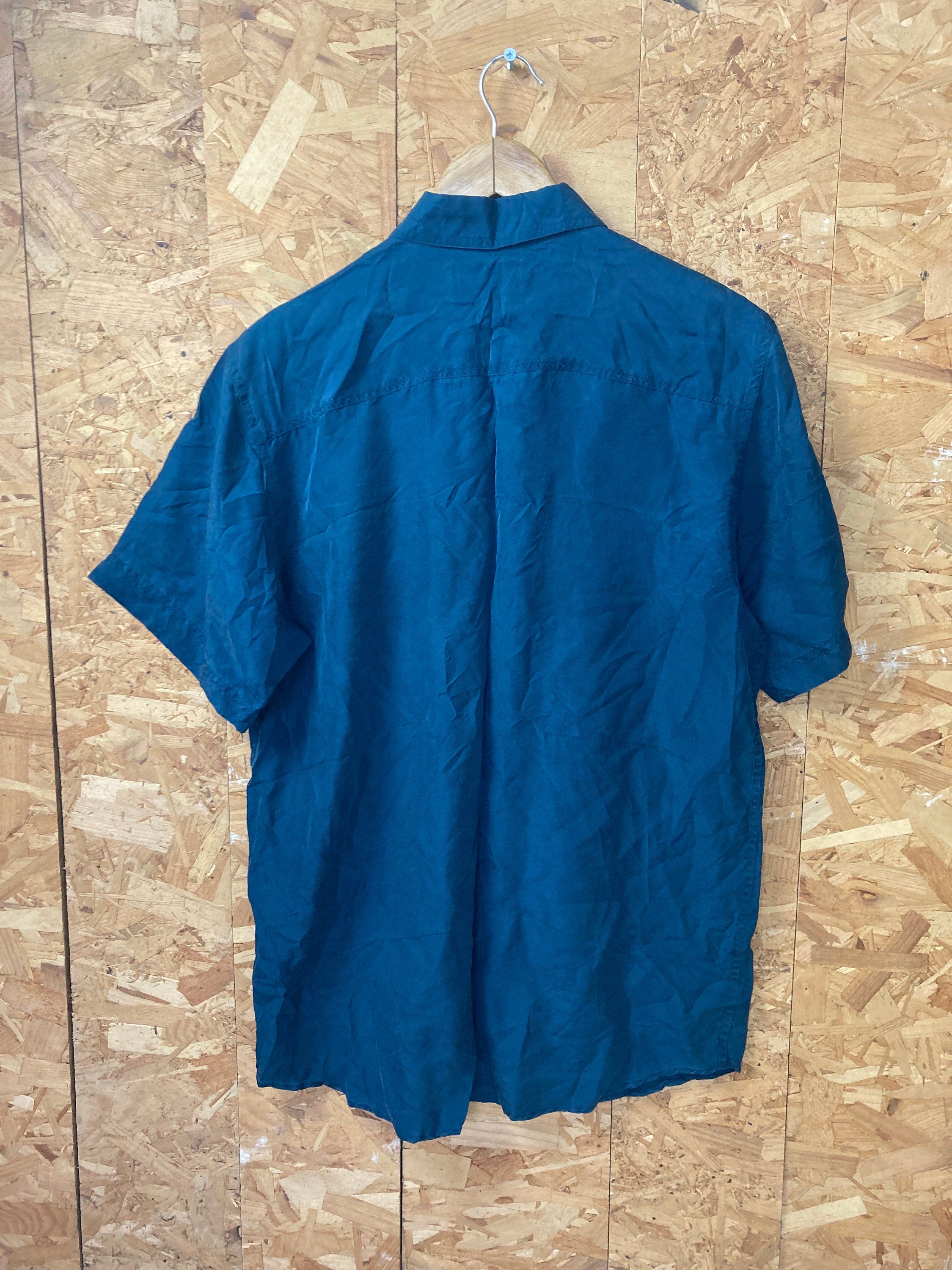 Vintage 90s mens muted dark jade navy blue twin pocket silk short sleeve shirt size small oversized