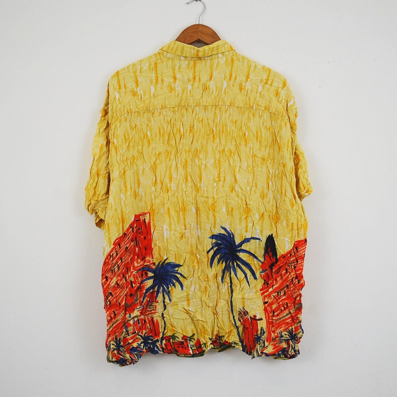 Vintage 90s pastel yellow abstract beach hawaiian rayon oversized shirt size XXL