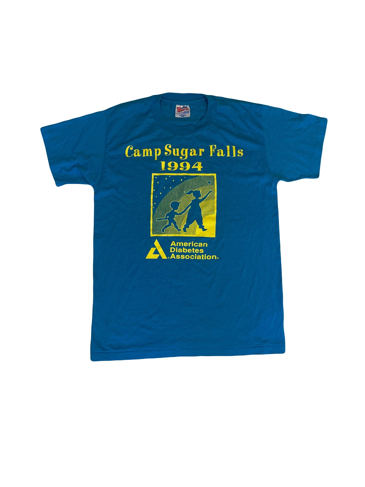 Vintage 90s Quirky Camp Sugar Falls souvenir single stitch USA bright blue & yellow t-shirt size medium