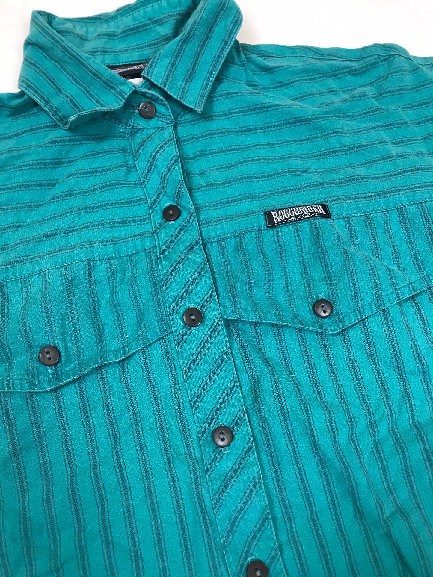 Vintage 90s turquoise green blue stripe twin pocket cowboy western short sleeve shirt by Roughrider