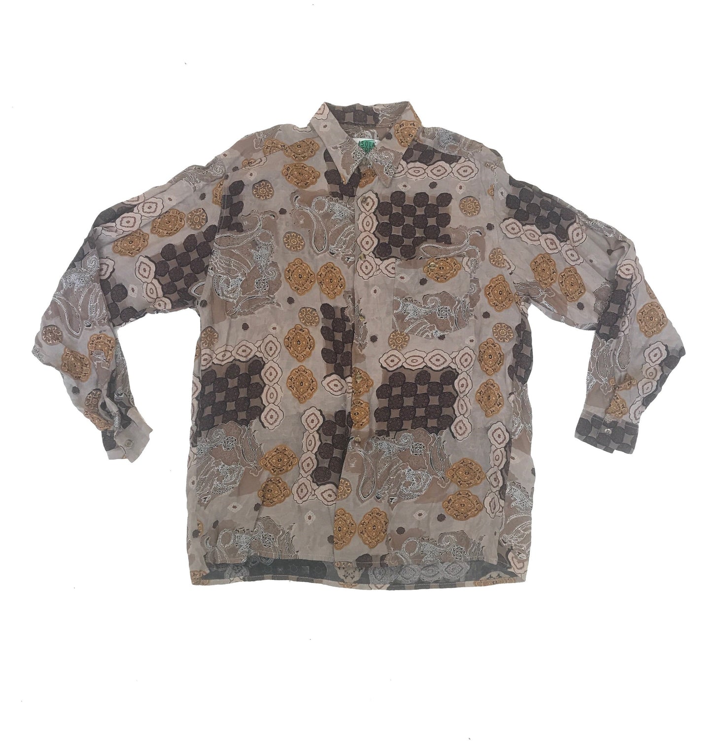 Vintage 90s brown beige grungy abstract Paisley long sleeve ugly cocktail shirt size large