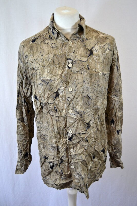 Vintage 90s beige Grunge Pastel Grey abstract charcoal sketch Pattern long sleeve shirt oversized medium