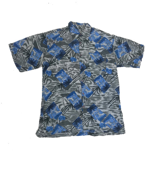 Vintage 90s abstract blue grey tropical surf hawaiian party beach shirt unisex size large