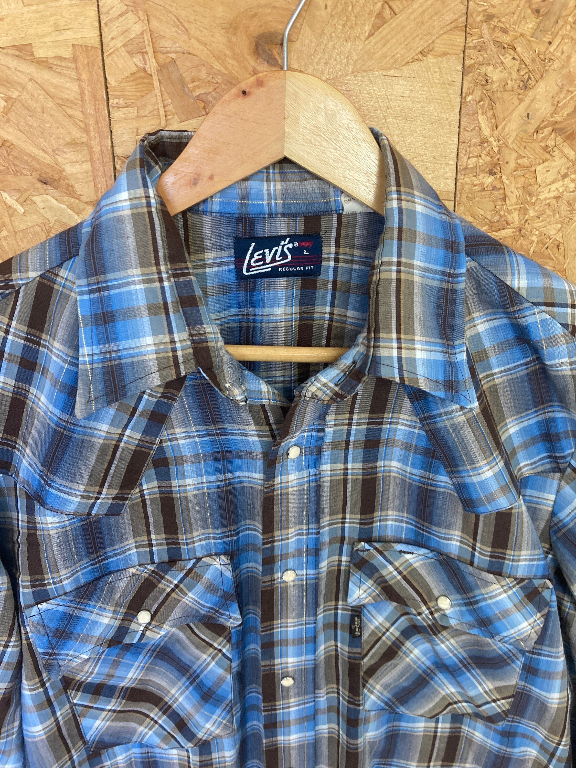 Vintage 80s Levis beige blue brown cotton check plaid western cowboy rancher shirt size large