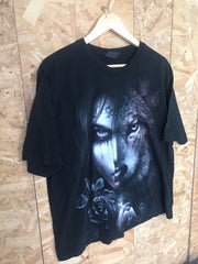 Vintage 00s emo style half wolf half woman black t-shirt size XL