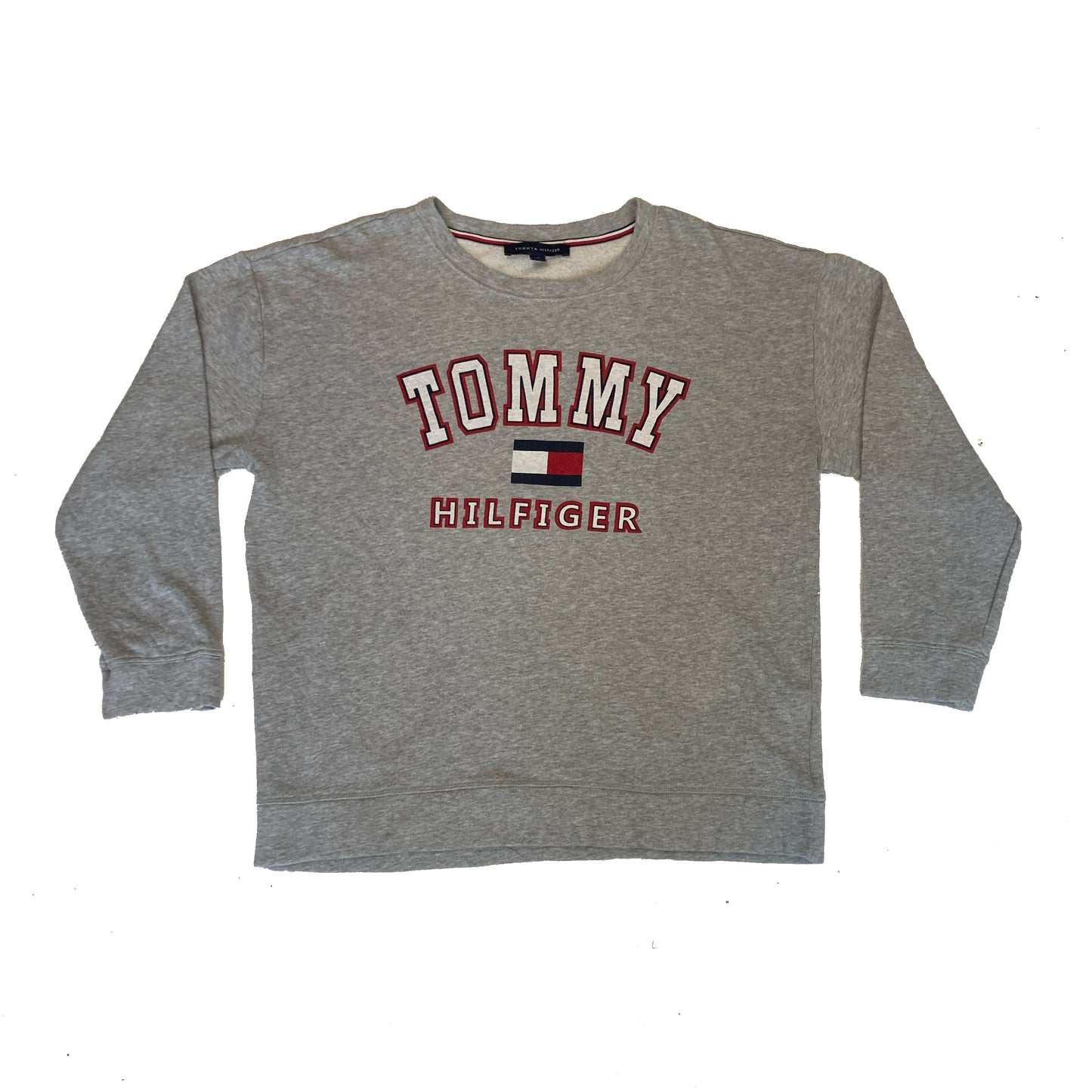 Vintage Y2K Tommy Hilfiger grey blocl letter spell out crew neck sweater size la