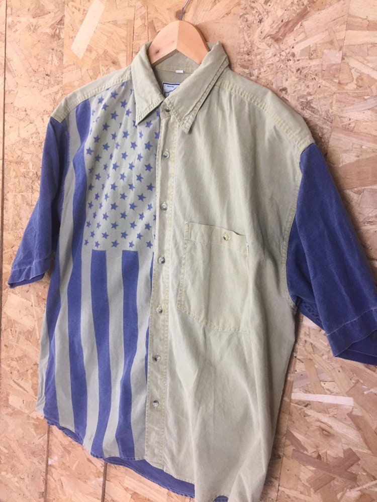 Vintage 90s blue beige block panel USA Stars and Stripes flag western print shirt size large