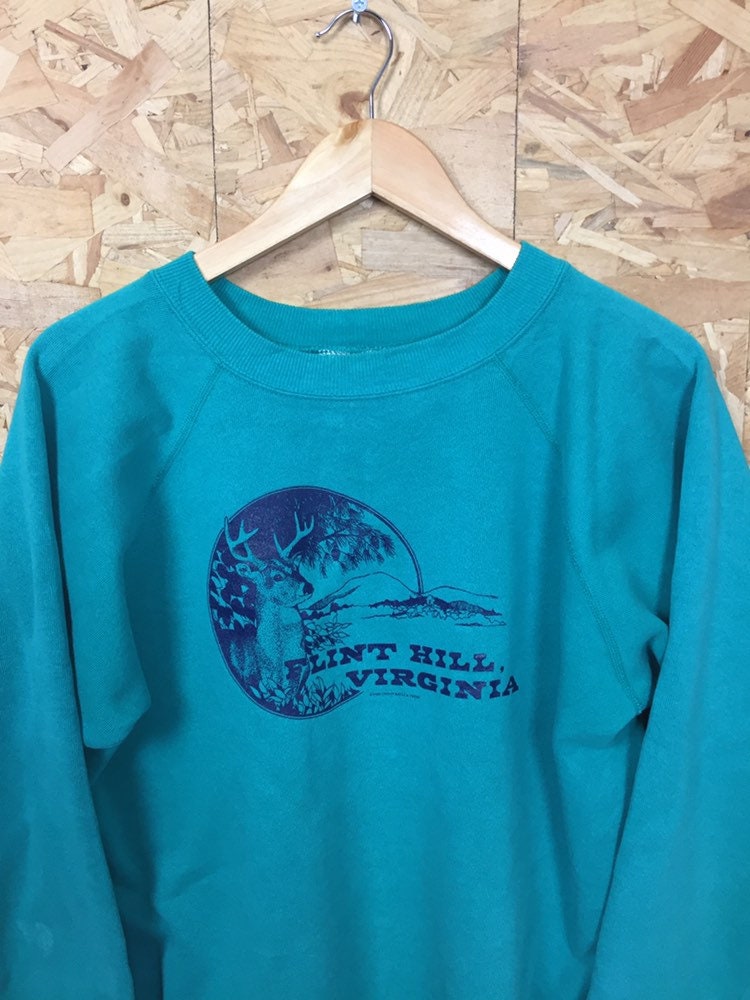 Vintage 80s USA souvenir Flint Hill Virginia turquoise crew neck sweater size large