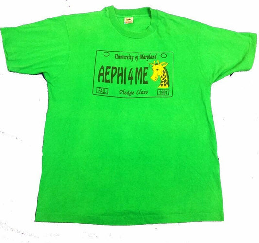 Vintage 1991 USA university of Maryland pledge class giraffe AEPHI4ME green t-shirt size XL